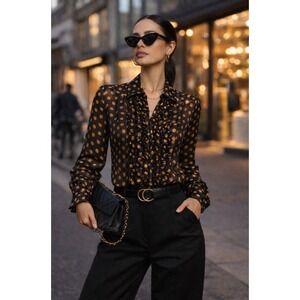 Just Cavalli Roberto Cavalli Black Gold Polka Dot Silk Ruffle Blouse Size 8–10